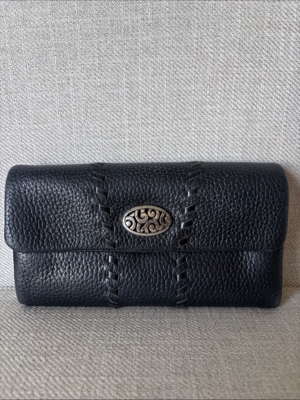 Brighton Black Soft Pebbled Leather Wallet Clutch with Stitching & Silver Accent